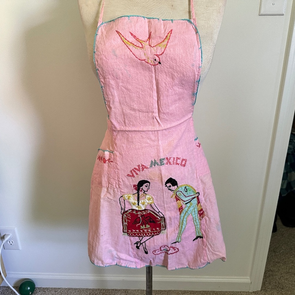 Vintage Mexican apron 1940's hand embroidered pink apron dress depicting charro